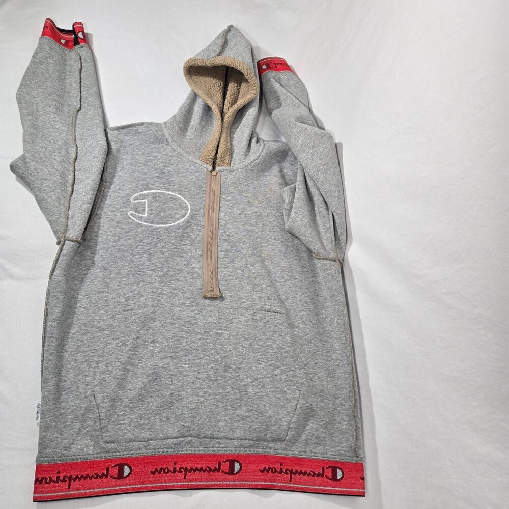 Y2K CHAMPION Streetwear TAN Spell Out Teddy Half Zip Sherpa Hoodie Men's Size L. - Picture 10 of 17